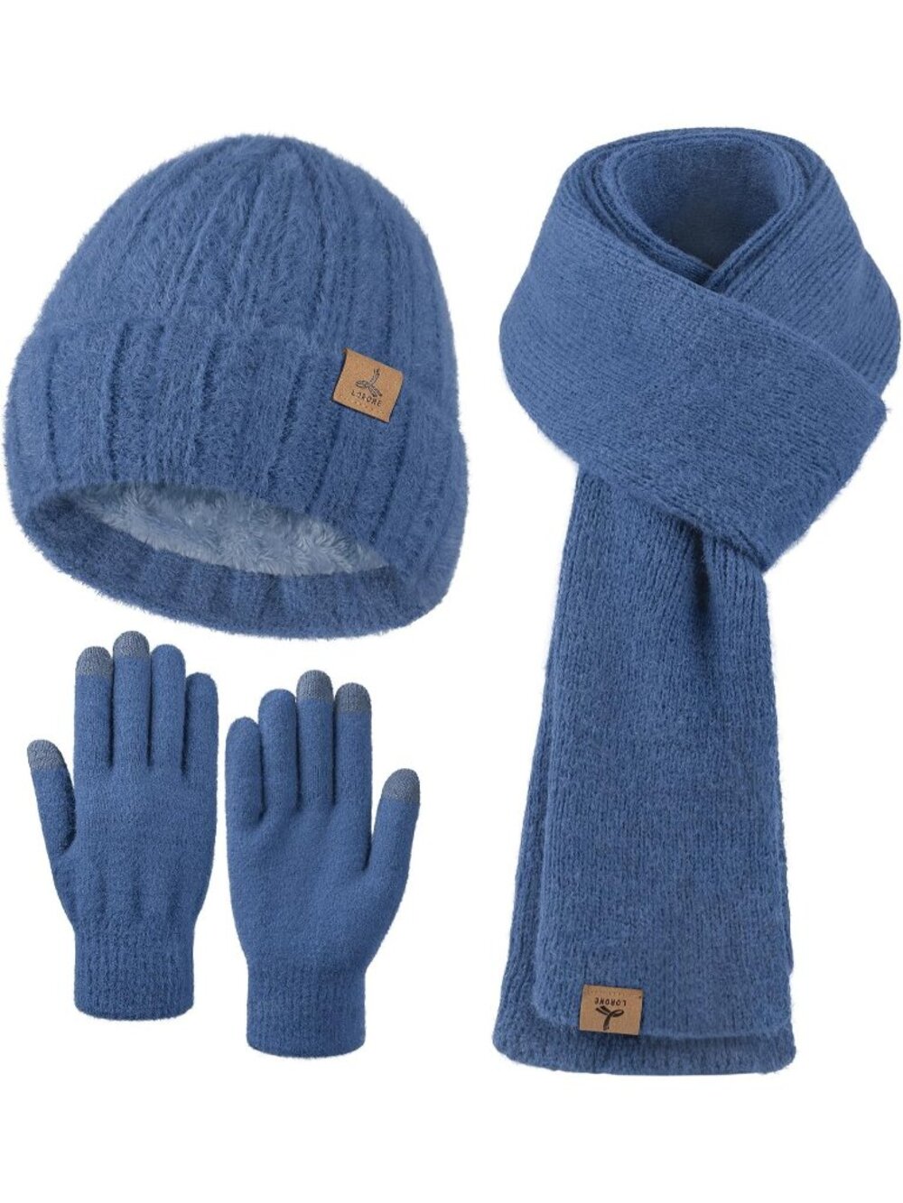 Women's Denim Blue Beanie Hat Gloves Cashmere Hat Gloves Scarf Accessories Set